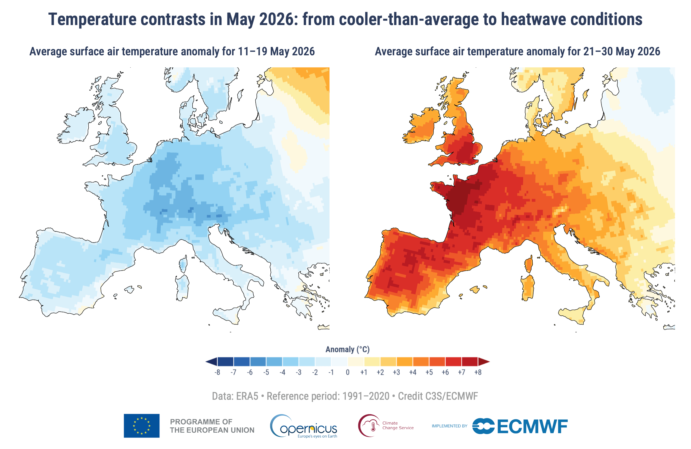 Figure 1: Daily surface air temperature for western Europe, 2026
