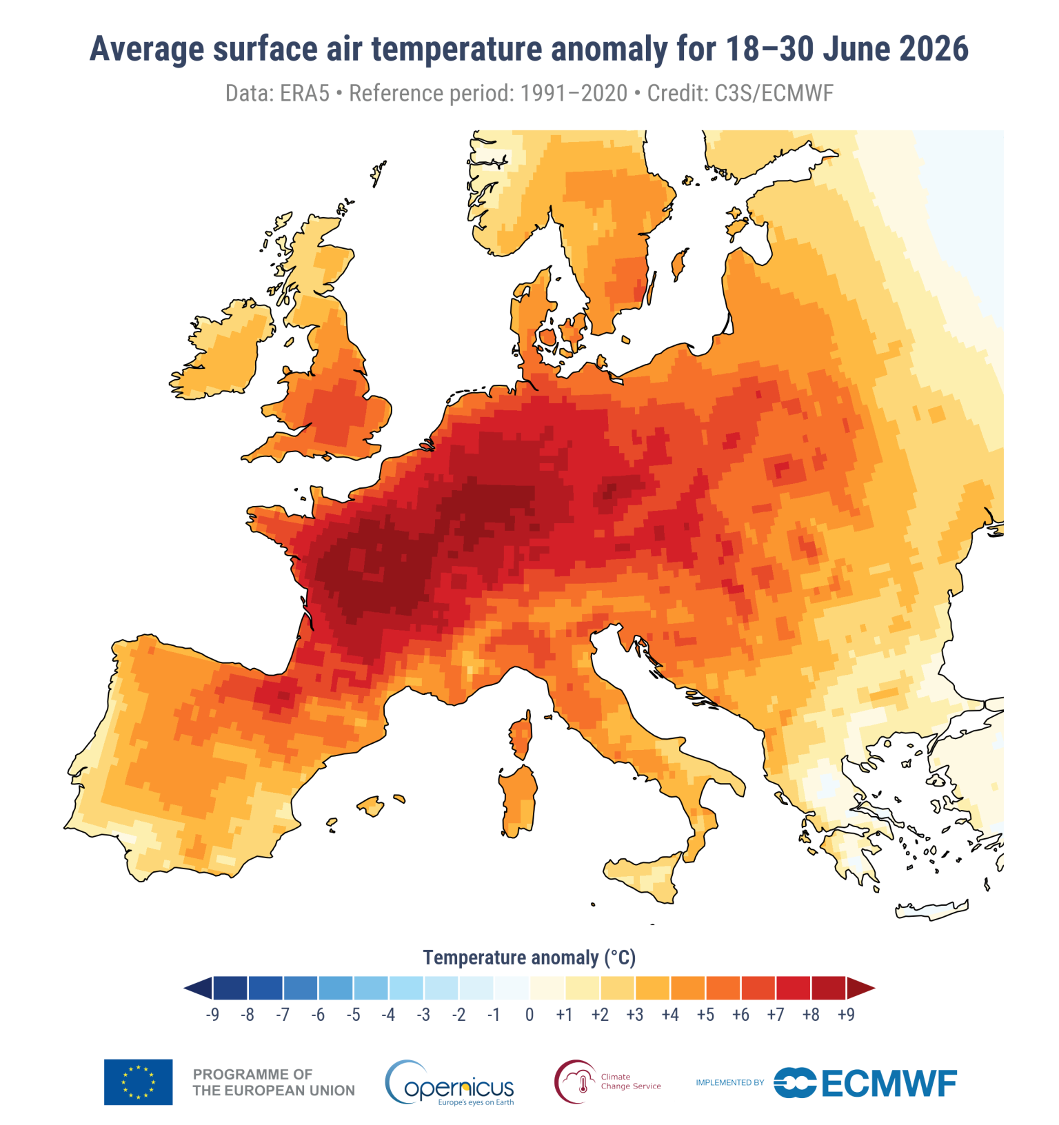 Figure 2: Average surface air temperature anomaly for 18-30 June 2026