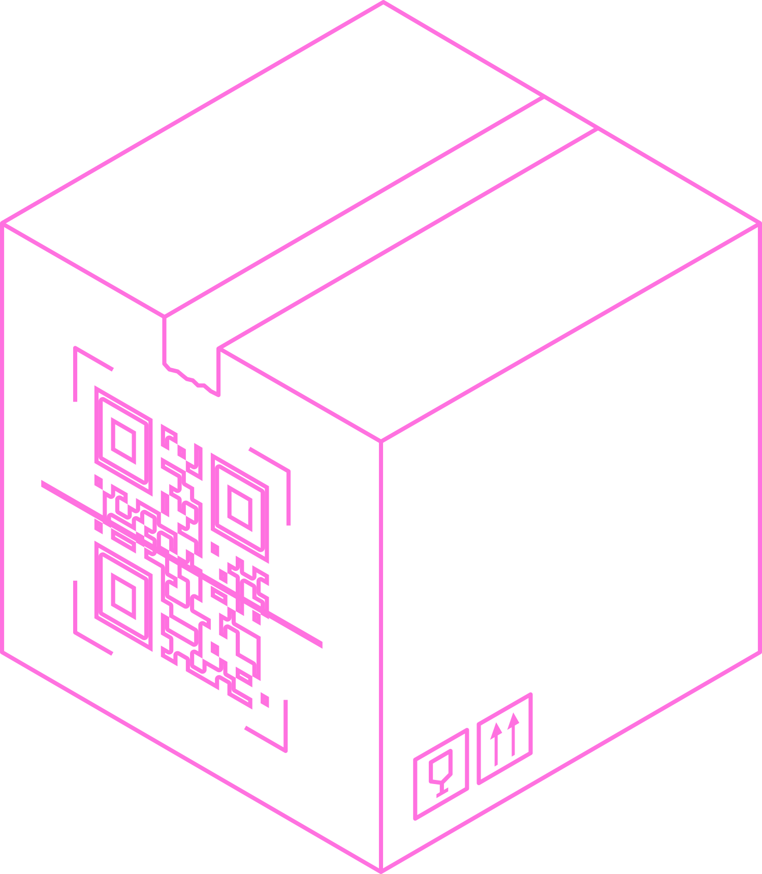 Isometric illustration of a shipping box with a QR code, representing a Digital Product Passport