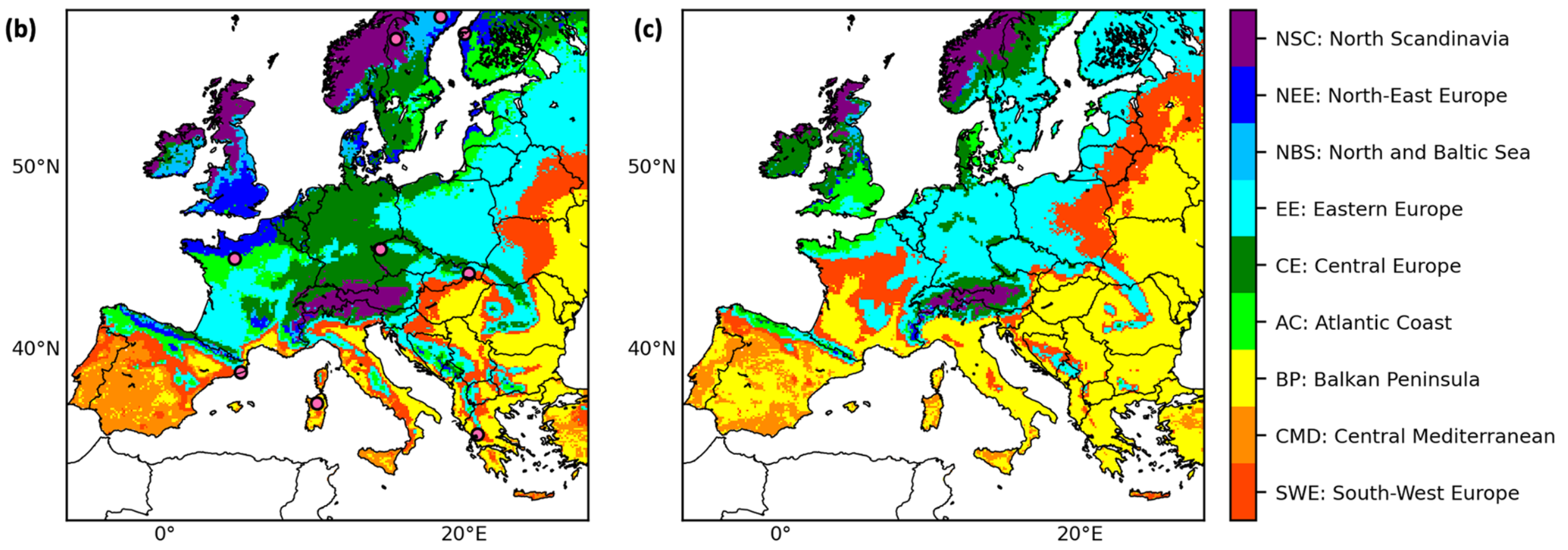 Figure 3: Present-day and projected +3°C climate zone classifications across Europe
