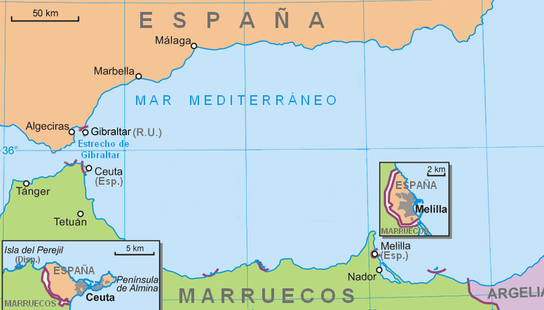 Locator map of the Spanish exclaves of Ceuta and Melilla on the North African coast