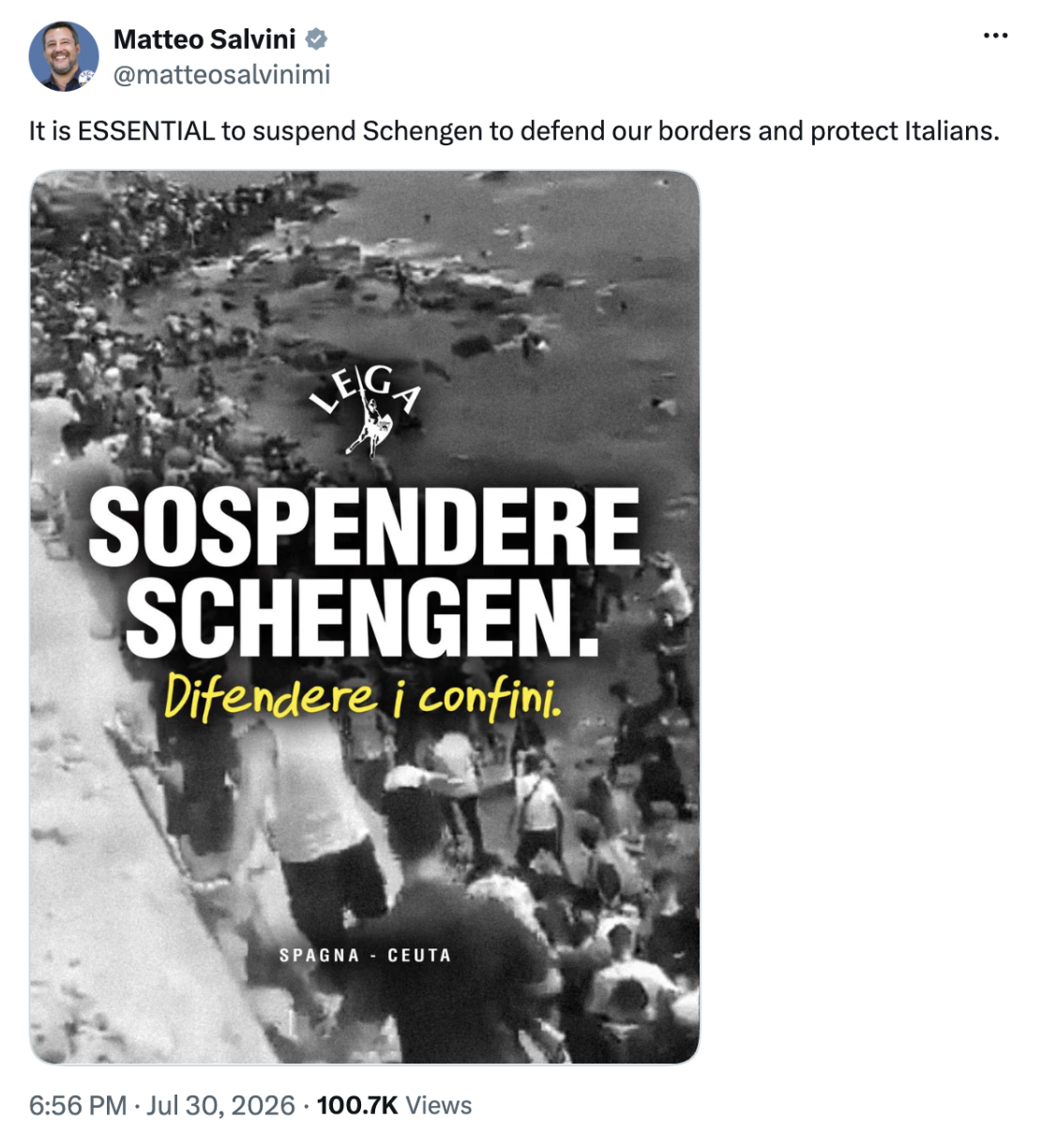 Matteo Salvini post on X calling to suspend Schengen