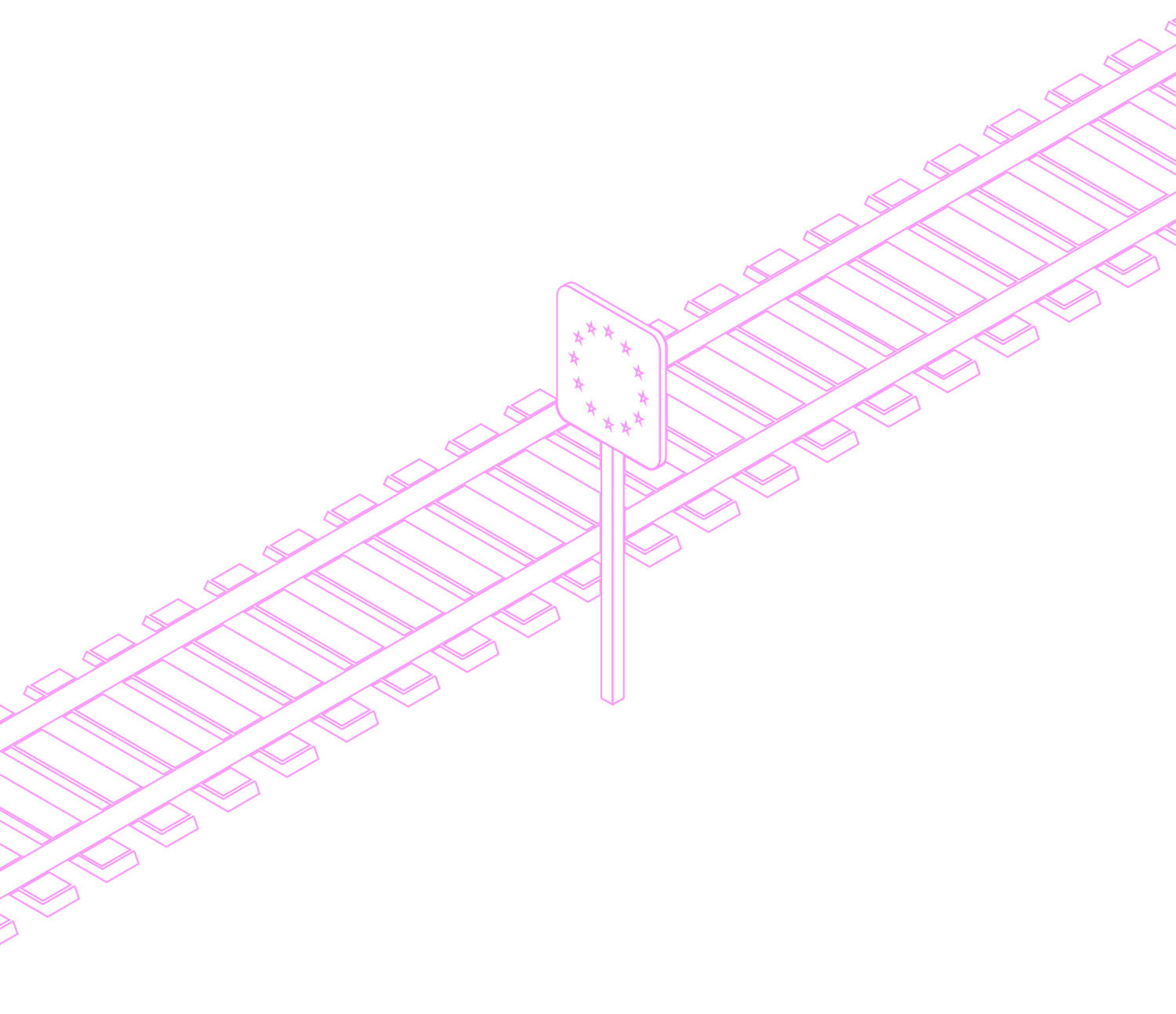 Line illustration of a railway track crossing a border marked by a sign bearing the circle of EU stars
