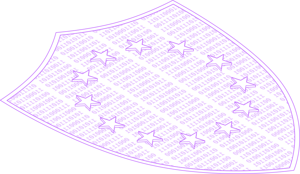 Line illustration of a shield filled with binary code and EU stars