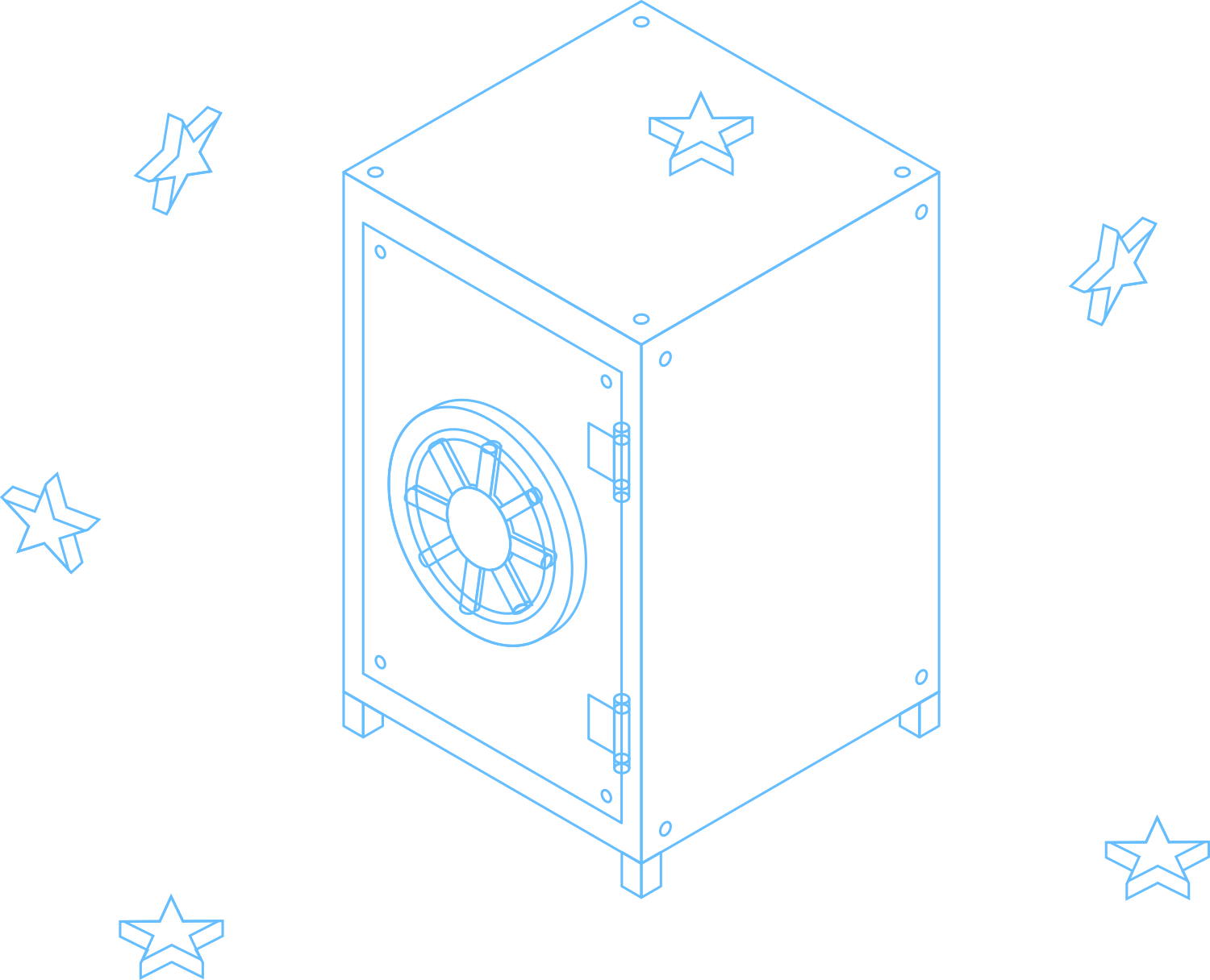 Isometric line illustration of a safe surrounded by EU stars