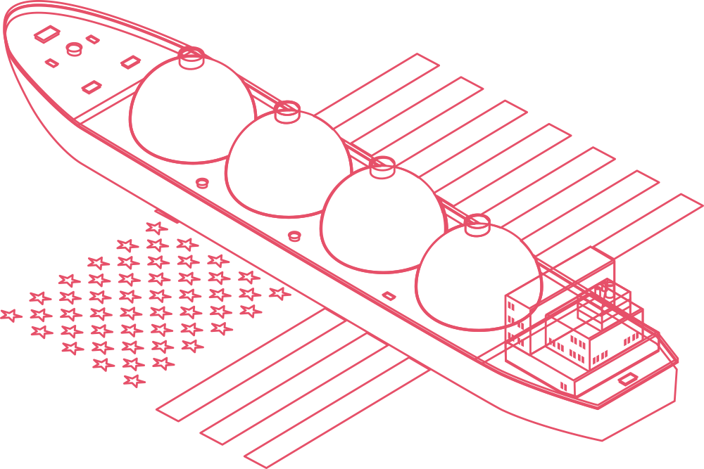 Line illustration of an LNG tanker alongside a field of EU stars