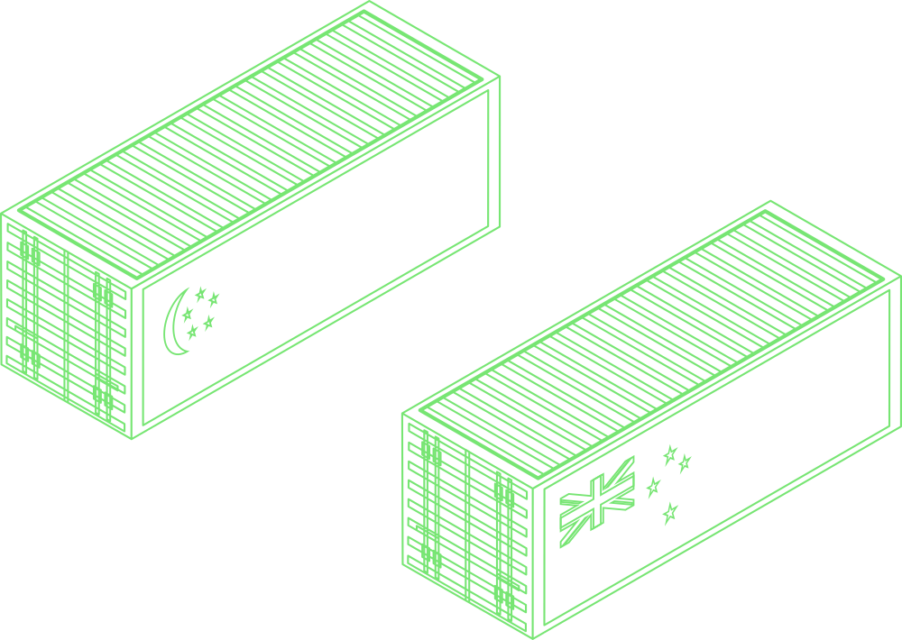 Isometric line illustration of two shipping containers bearing the Singapore and New Zealand flags